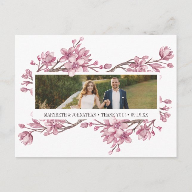 Pink Cherry Blossom Floral Thank You Photo Invitation Postcard (Front)