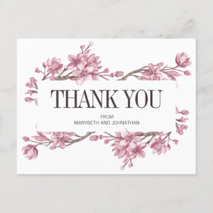 Pink Cherry Blossom Floral Thank You Wedding Holiday Postcard