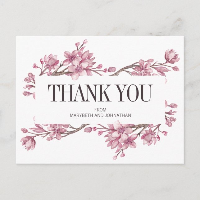 Pink Cherry Blossom Floral Thank You Wedding Holiday Postcard (Front)