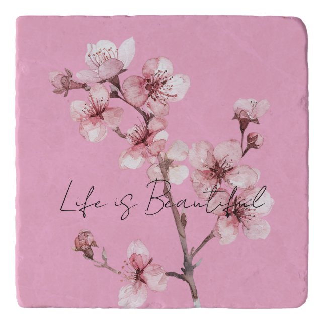 Pink Cherry Blossom Floral  Trivet (Front)