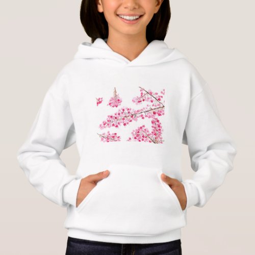 Pink cherry blossom floral watercolor girl hoodie