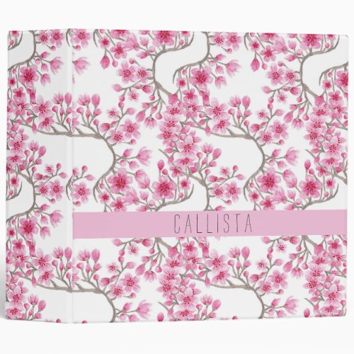 Pink Cherry Blossom Floral Watercolor Monogram 3 Ring Binder