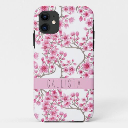 Pink Cherry Blossom Floral Watercolor Monogram iPhone 11 Case