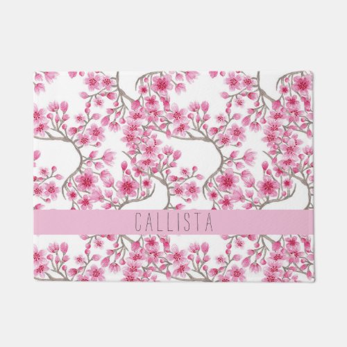 Pink Cherry Blossom Floral Watercolor Monogram Doormat