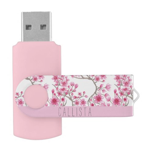 Pink Cherry Blossom Floral Watercolor Monogram Flash Drive