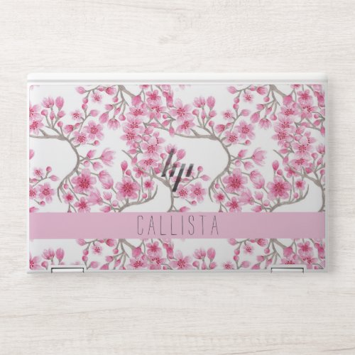 Pink Cherry Blossom Floral Watercolor Monogram HP Laptop Skin