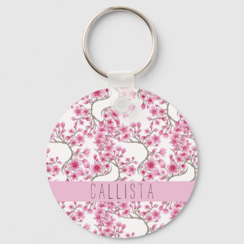 Pink Cherry Blossom Floral Watercolor Monogram Keychain