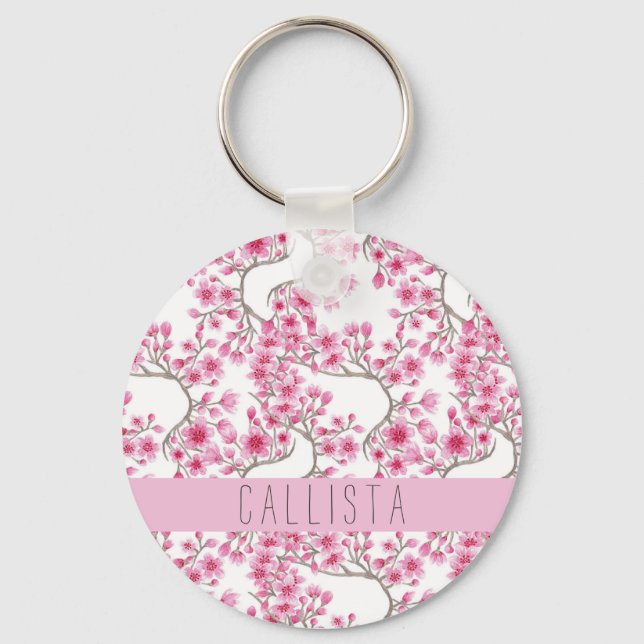 Pink Cherry Blossom Floral Watercolor Monogram Keychain (Front)