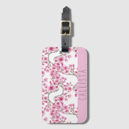 Pink Cherry Blossom Floral Watercolor Monogram Luggage Tag