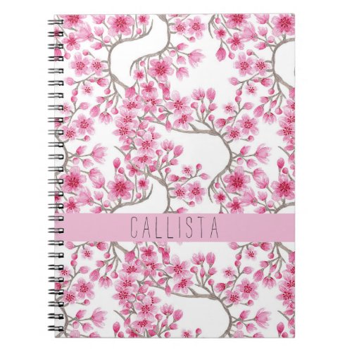 Pink Cherry Blossom Floral Watercolor Monogram Notebook