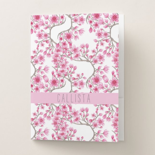 Pink Cherry Blossom Floral Watercolor Monogram Pocket Folder (Front)