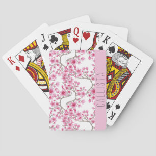 Pink Cherry Blossom Floral Watercolor Monogram Poker Cards