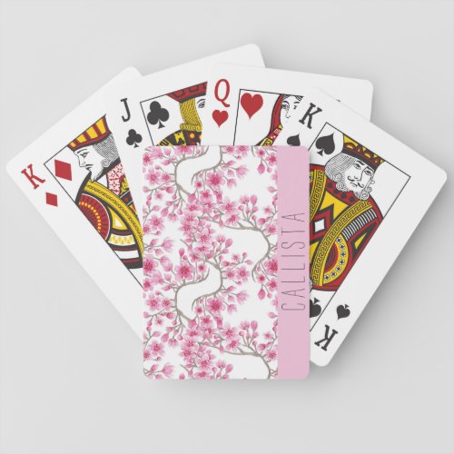 Pink Cherry Blossom Floral Watercolor Monogram Poker Cards