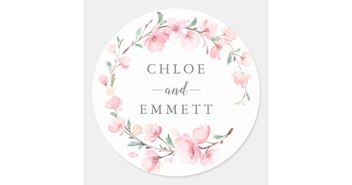 Pink Cherry Blossom Floral Wedding Favor Classic Round Sticker | Zazzle