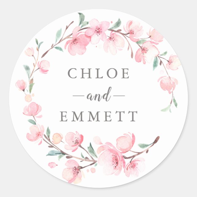 Pink Cherry Blossom Floral Wedding Favor Classic Round Sticker (Front)