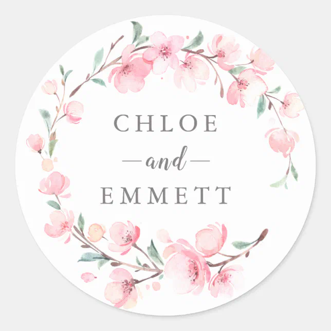 Pink Cherry Blossom Floral Wedding Favor Classic Round Sticker | Zazzle