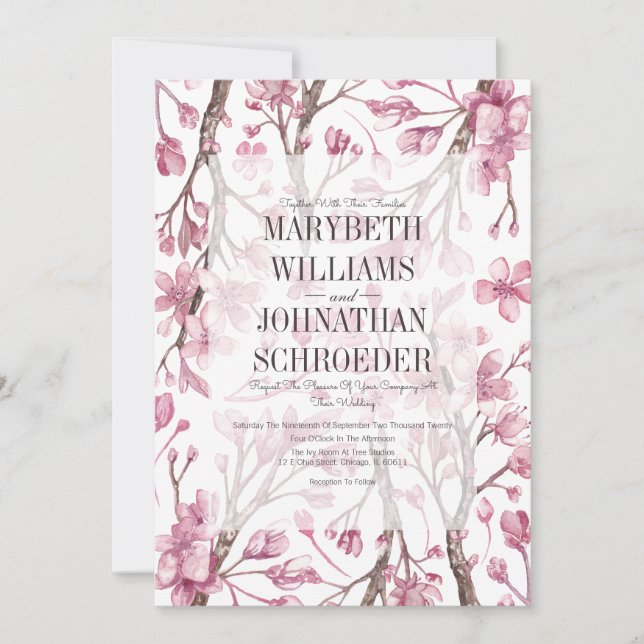 Pink Cherry Blossom Floral Wedding Invitation (Front)