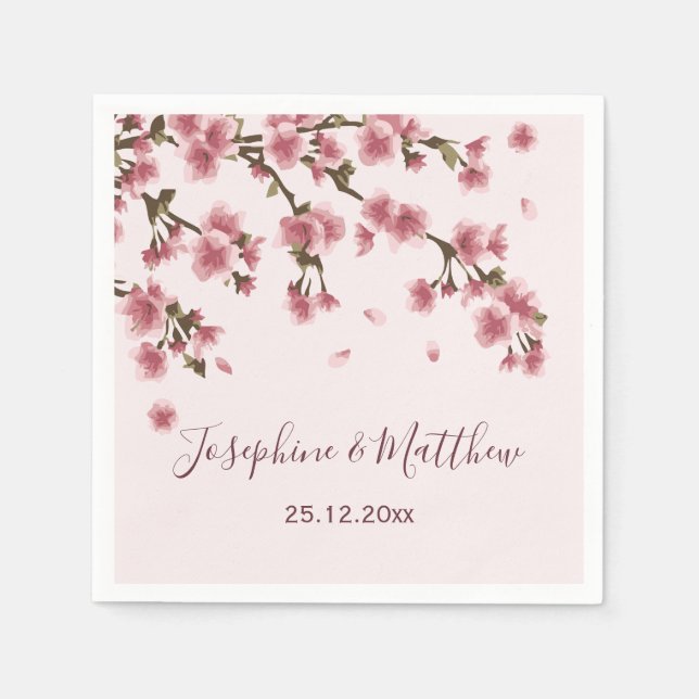 Pink Cherry Blossom Floral Wedding Napkins (Front)