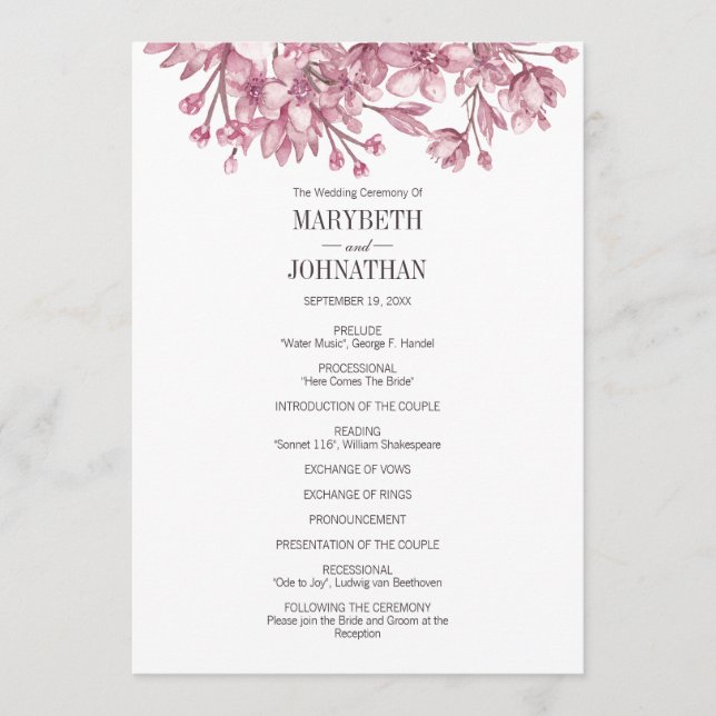 Pink Cherry Blossom Floral Wedding Program (Front)