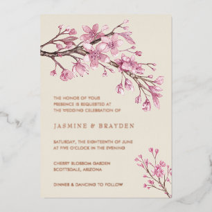 Pink Cherry Blossom Floral Wedding Rose Gold Foil Invitation