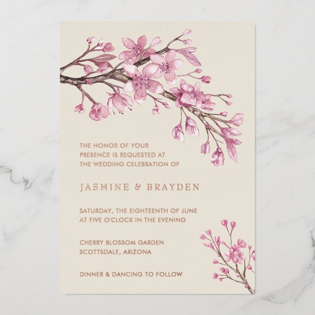Pink Cherry Blossom Floral Wedding Rose Gold Foil Invitation (Front)