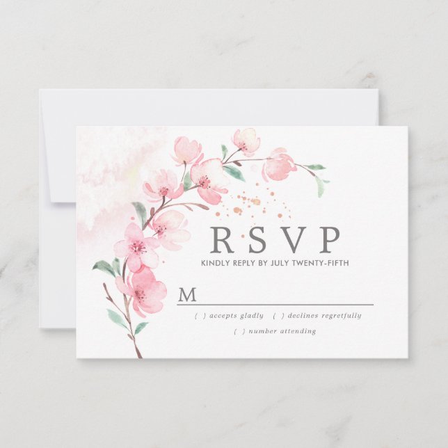 Pink Cherry Blossom Floral Wedding RSVP (Front)