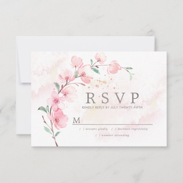 Pink Cherry Blossom Floral Wedding RSVP Card (Front)