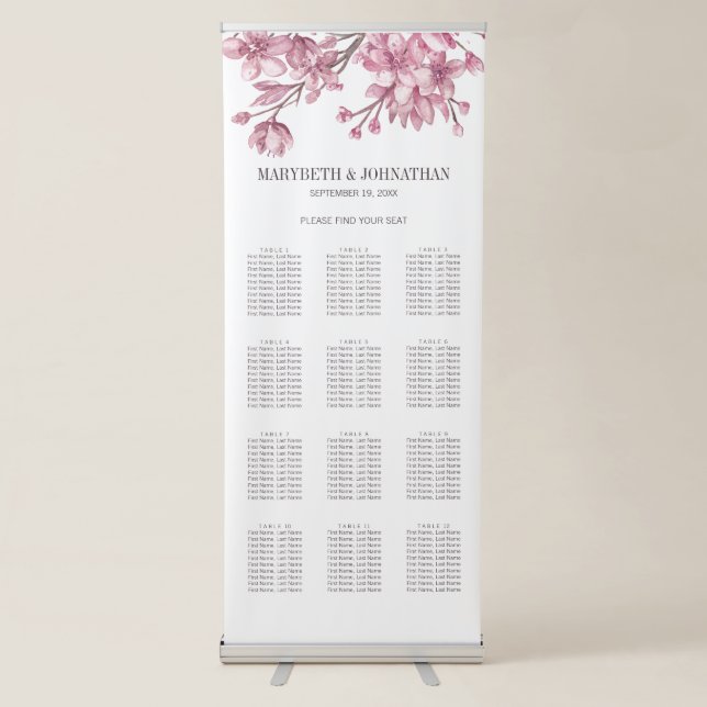 Pink Cherry Blossom Floral Wedding Seating Chart Retractable Banner (Front)