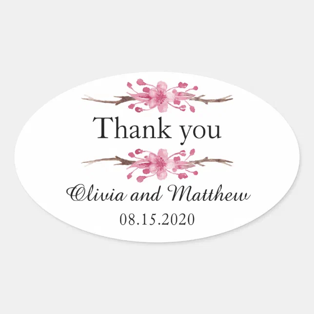 Pink cherry blossom. Floral wedding Thank You Oval Sticker | Zazzle