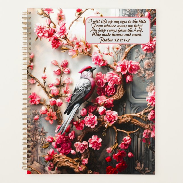Pink Cherry Blossom Floral With Bird & Bible Verse Planner (Front)