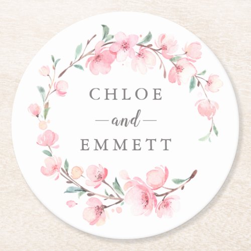 Pink Cherry Blossom Floral Wreath Round Paper Coaster