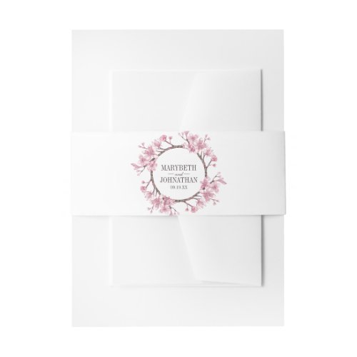 Pink Cherry Blossom Floral Wreath Wedding Invitation Belly Band