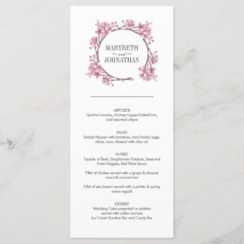 Pink Cherry Blossom Floral Wreath Wedding Menu