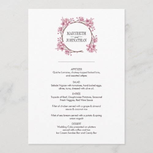 Pink Cherry Blossom Floral Wreath Wedding Menu