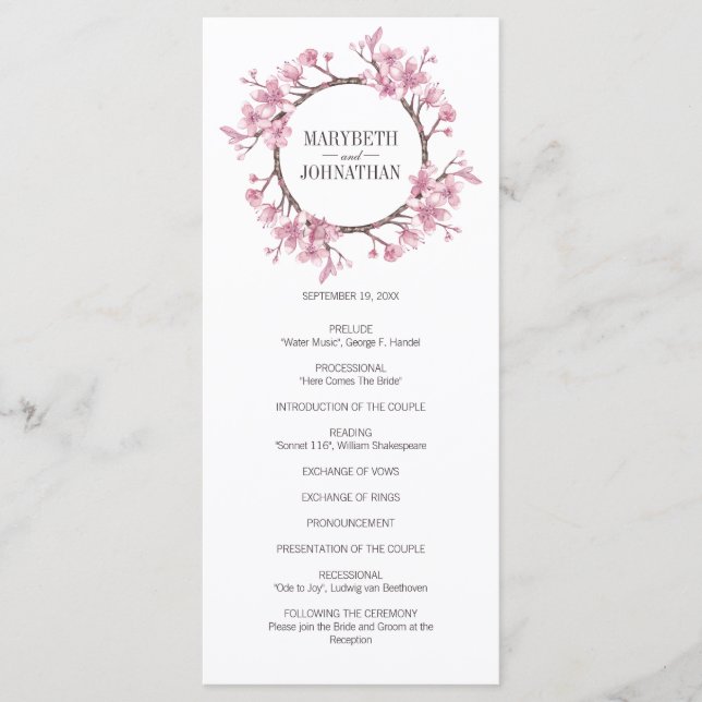 Pink Cherry Blossom Floral Wreath Wedding Program (Front)