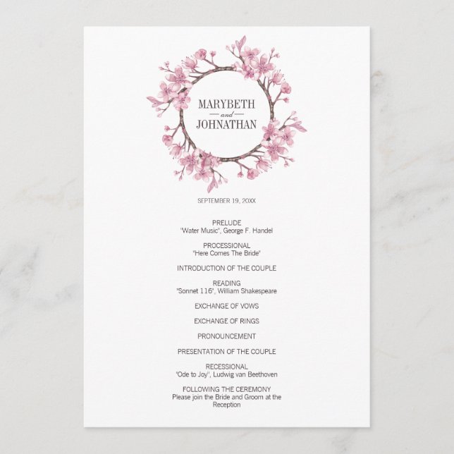 Pink Cherry Blossom Floral Wreath Wedding Program (Front)