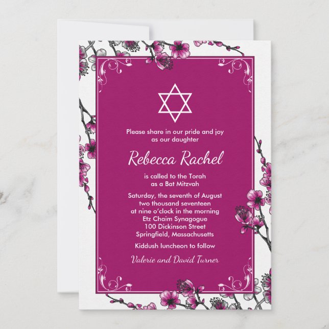 Pink Cherry Blossom Flower Bat Mitzvah Invitation (Front)