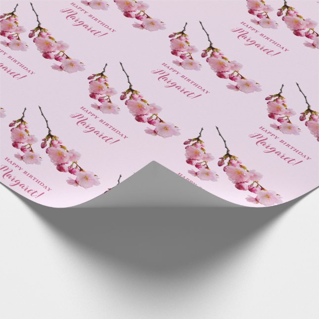 Pink Cherry Blossom Flower Branches Happy Birthday Wrapping Paper (Corner)