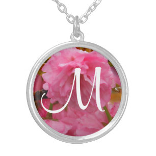 pink cherry blossom flower flowers silver plated necklace