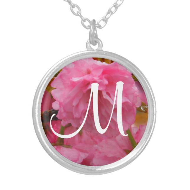 pink cherry blossom flower flowers silver plated necklace (Front)