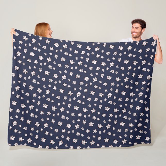 Pink Cherry Blossom Flower Pattern on Dark Blue Fleece Blanket (In Situ)