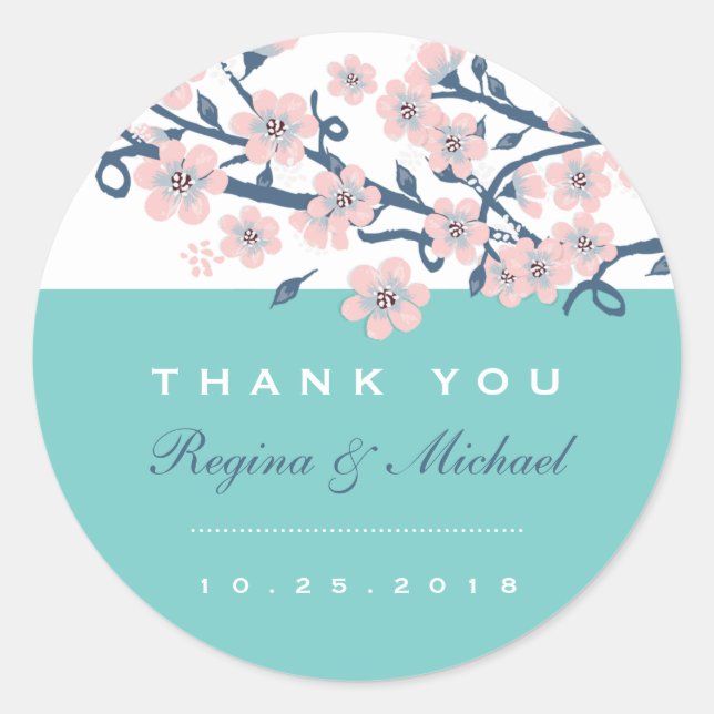Pink Cherry Blossom Flower Wedding Favor Sticker (Front)