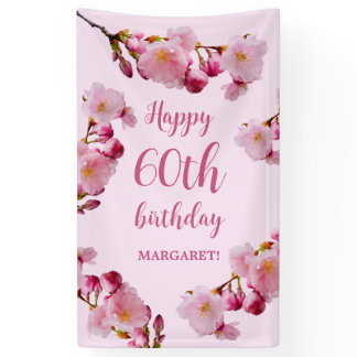 Pink Cherry Blossom Flowers 60th Happy Birthday Banner