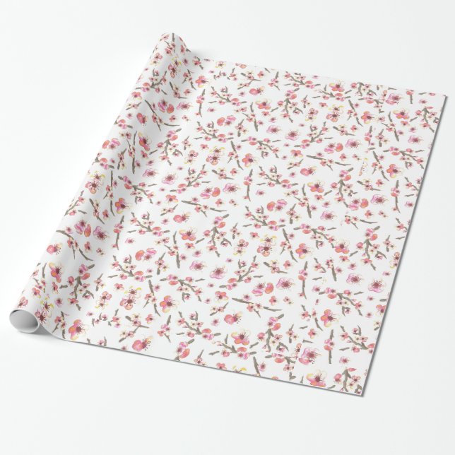 Pink Cherry Blossom Flowers Birthday Wrapping Paper (Unrolled)