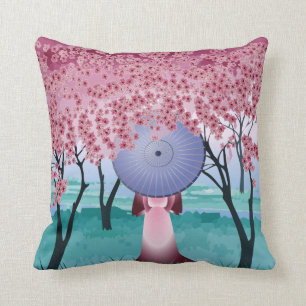 Pink Cherry Blossom Flowers Girl With Umbrella Throw Pillow