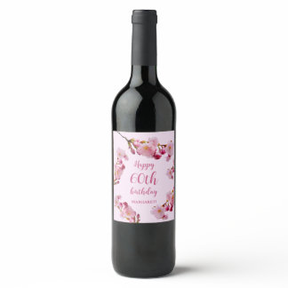 Pink Cherry Blossom Flowers Happy 60th Birthday Wine Label