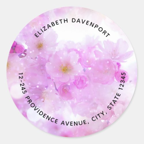 Pink Cherry Blossom Flowers Photo Address Classic Round Sticker