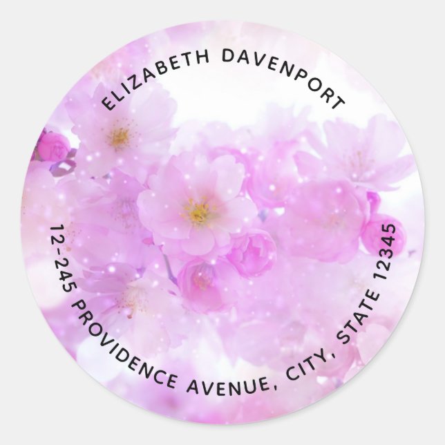 Pink Cherry Blossom Flowers Photo Address Classic Round Sticker (Front)