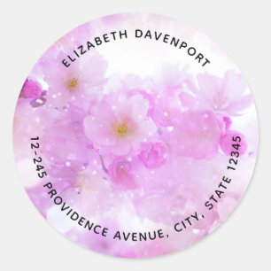 Pink Cherry Blossom Flowers Photo Address Classic Round Sticker