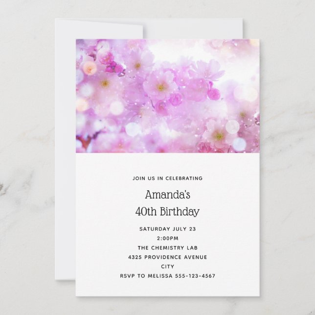Pink Cherry Blossom Flowers Photo Birthday Invitation (Front)